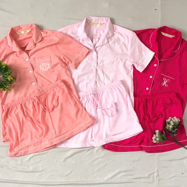 Pink New Shirt Short Long Pant Set Monogrammed Bridesmaid Pajamas. Very Soft and Light Pajamas. Plus Sizes also Available.