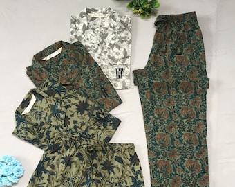 Floral Matching Cotton Pajamas Shirt short long pant set for holidays or getting ready photoshoot. Daily use Pajamas. Indigo Print.