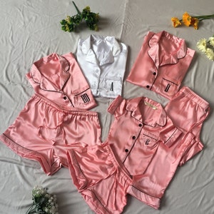 Silky Matching Bridesmaid Pajamas in shirt & short/pant set for bridal party and getting ready photoshoot. Flower girl pj set available too.