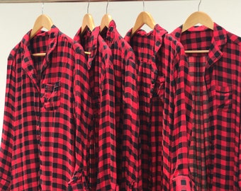 Buffalo Plaid Bridesmaid Pajamas, Holiday pajamas, Red Checks Christmas Pajamas, Red Plaid longshirt, Bride Tribe Pajamas.