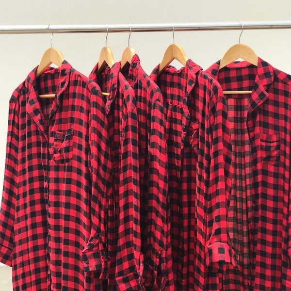 Buffalo Plaid Bridesmaid Pajamas, Holiday pajamas, Red Checks Christmas Pajamas, Red Plaid longshirt, Bride Tribe Pajamas.