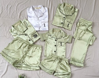 Sage Green Satin Matching Bridesmaid Pajamas Shirt short pant set for bridal party and getting ready . Flower girl pj set available too.
