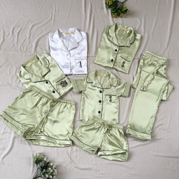 Sage Green Satin Matching Bridesmaid Pajamas Shirt short pant set for bridal party and getting ready . Flower girl pj set available too.