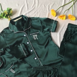 Silky Emerald Green Matching Bridesmaid Pajamas Shirt short pant set for bridal party and getting ready . Flower girl pj set available too.