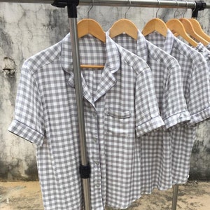 Grey Plaid Bridesmaid Pajamas, Bridal Party Shirts, Button up shirt, bridesmaid gifts, Short shirt, Gift for her, Bridesmaid Pjs Shirt