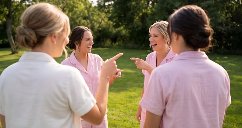 May include: Four people in a grassy outdoor setting, wearing light-colored shirts and pajamas. Two people are wearing white shirts, and two are wearing pink pajamas. They are laughing and pointing at each other. The background includes trees and greenery.