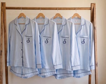 Bridesmaid Pajamas Baby Blue Monogram Set, Bridal Party Pajamas Navy Piping Gift, Wedding Guest Present
