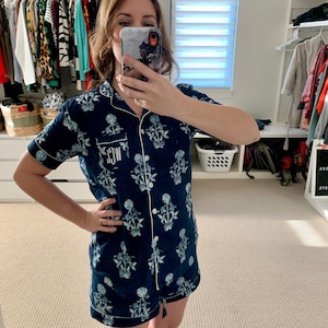 Indigo Floral Matching Cotton Pajamas Shirt short pant set for holidays or getting ready photoshoot. Getting ready light soft summer pyjamas