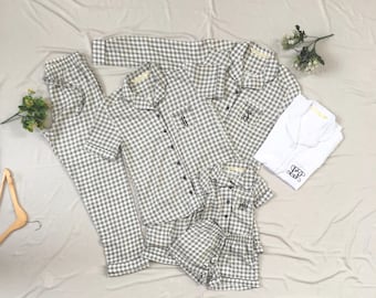 Grey Plaid Bridesmaid Pajamas with Embroidery, Plus Size & Flower Girl PJs