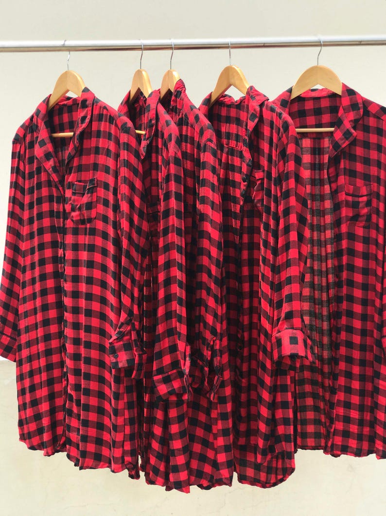 Buffalo Plaid Bridesmaid Pajamas, Holiday pajamas, Red Checks Christmas Pajamas, Red Plaid longshirt, Bride Tribe Pajamas. image 2