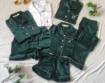 Green Pajamas, Bridesmaid pajamas, Flower girl Pajamas, Short PJ set, Long pant set, Pajama set, silk pajama set, shirt and short set.