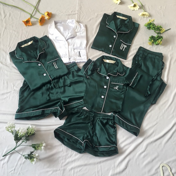 Green Pajamas, Bridesmaid pajamas, Flower girl Pajamas, Short PJ set, Long pant set, Pajama set, silk pajama set, shirt and short set.