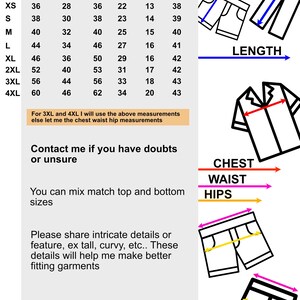 May include: Size chart with garment measurements in inches for tops and bottoms. Includes bust, waist, and hip measurements, along with shirt, short, and pant lengths. Also includes text about mixing sizes and sharing details.