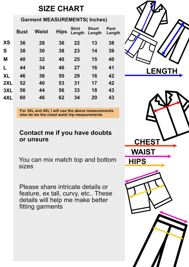 May include: Size chart with garment measurements in inches for tops and bottoms. Includes bust, waist, and hip measurements, along with shirt, short, and pant lengths. Also includes text about mixing sizes and sharing details.