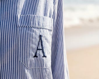Bridesmaid Pajama Shirts: Blue Stripe Cotton, Front & Side Pockets