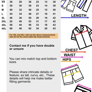 May include: Size chart showing garment measurements in inches for tops and bottoms. Includes bust, waist, hips, shirt length, short length, and pant length for sizes XS to 4XL. Text includes instructions for custom sizing.