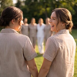 May include: Two people wearing brown and white striped short-sleeved shirts, holding hands, and smiling. In the background, several people are wearing similar outfits. The scene takes place outdoors on a sunny day.