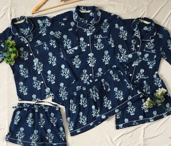 Pyjamas Floral Matching Cotton Pajamas Shirt Short Pant Set for Holidays or Getting Ready Photoshoot. Daily Use Pajamas. Indigo Print. Etsy Canada