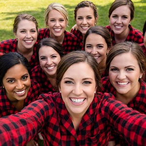 Buffalo Plaid Bridesmaid Pajamas, Holiday pajamas, Red Checks Christmas Pajamas, Red Plaid longshirt, Bride Tribe Pajamas. image 5
