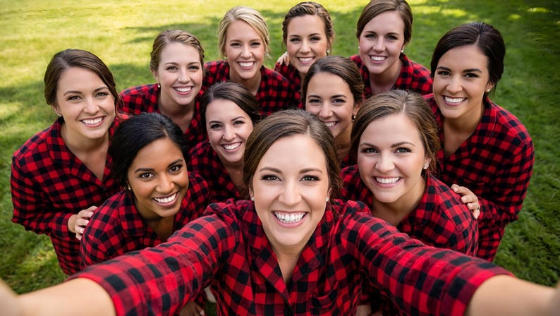 Buffalo Plaid Bridesmaid Pajamas, Holiday pajamas, Red Checks Christmas Pajamas, Red Plaid longshirt, Bride Tribe Pajamas. image 5