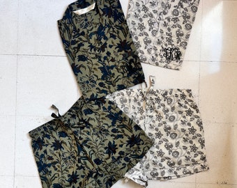 Floral Matching Cotton Pajamas Shirt short pant set for holidays or getting ready photoshoot. Daily use Pajamas. Green shades