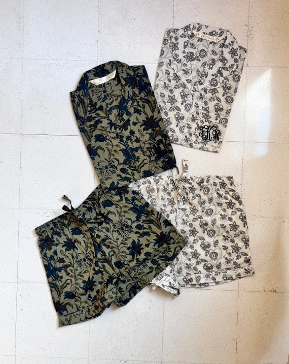 Floral Matching Cotton Pajamas Shirt short pant set for holidays or getting ready photoshoot. Daily use Pajamas. Green shades