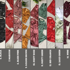 May include: A collection of 18 different colored satin pajamas with a button-up top and shorts. The pajamas are arranged in a row, with each color labeled with a number.