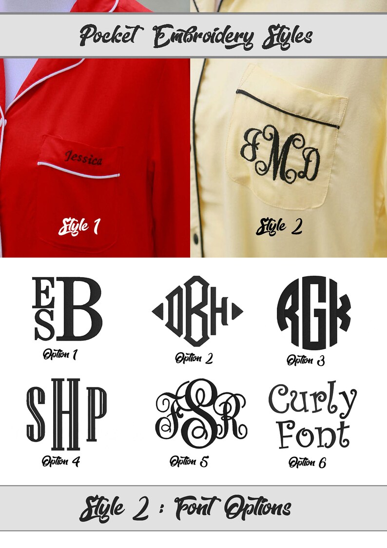 May include: A display of pocket embroidery styles on pajamas, featuring a red shirt with the name Jessica and a yellow shirt with the monogram FMD. Below are six font options for monograms, including various letter arrangements and styles.