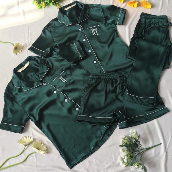 Silky Matching Bridesmaid Pajamas Shirt short pant set for bridal party and getting ready . Flower girl pj set available too.