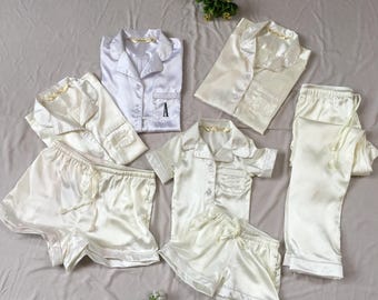 Bridal Party Matching Shirt short pant satin pajamas for wedding parties getting ready photoshoot, flower girl pajamas avaible too.