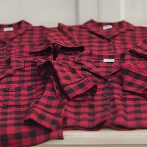 Buffalo Plaid Bridesmaid Pajamas, Holiday pajamas, Red Checks Christmas Pajamas, Red Plaid longshirt, Bride Tribe Pajamas. image 7