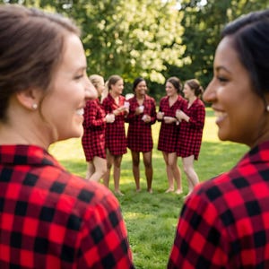 Buffalo Plaid Bridesmaid Pajamas, Holiday pajamas, Red Checks Christmas Pajamas, Red Plaid longshirt, Bride Tribe Pajamas. image 1
