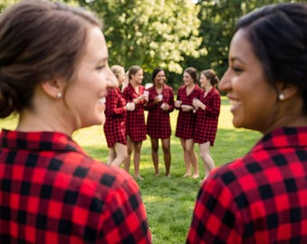 Buffalo Plaid Bridesmaid Pajamas, Holiday pajamas, Red Checks Christmas Pajamas, Red Plaid longshirt, Bride Tribe Pajamas.