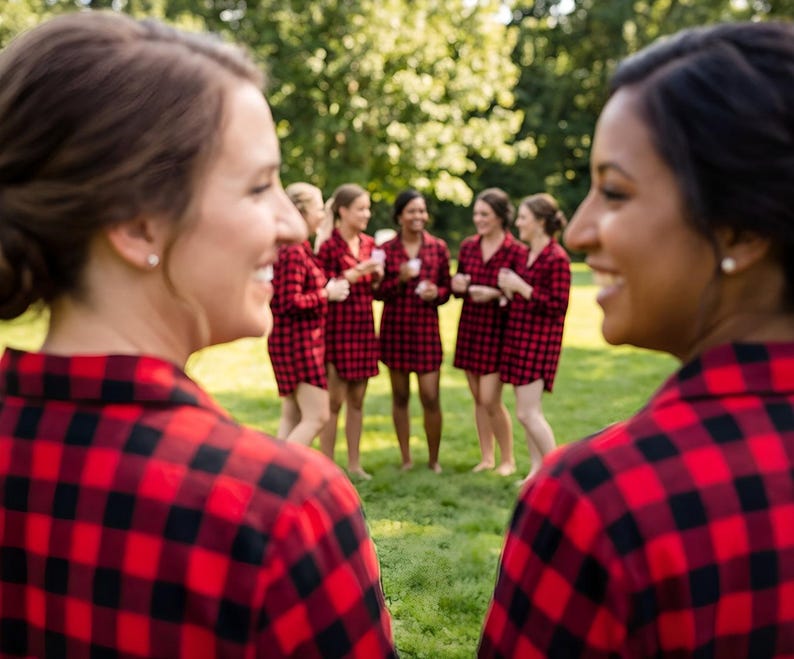 Buffalo Plaid Bridesmaid Pajamas, Holiday pajamas, Red Checks Christmas Pajamas, Red Plaid longshirt, Bride Tribe Pajamas. image 1