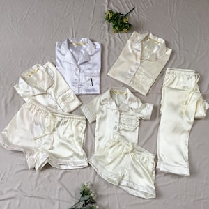 Bridal Party Matching Shirt short pant satin pajamas for wedding parties getting ready photoshoot, flower girl pajamas avaible too.