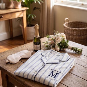 May include: A white pajama top with blue vertical stripes, a notched collar, and a dark blue embroidered letter M on the chest pocket. Beside it lies a solid light beige sleep mask, a bottle of champagne, and a small bouquet of light-colored flowers.