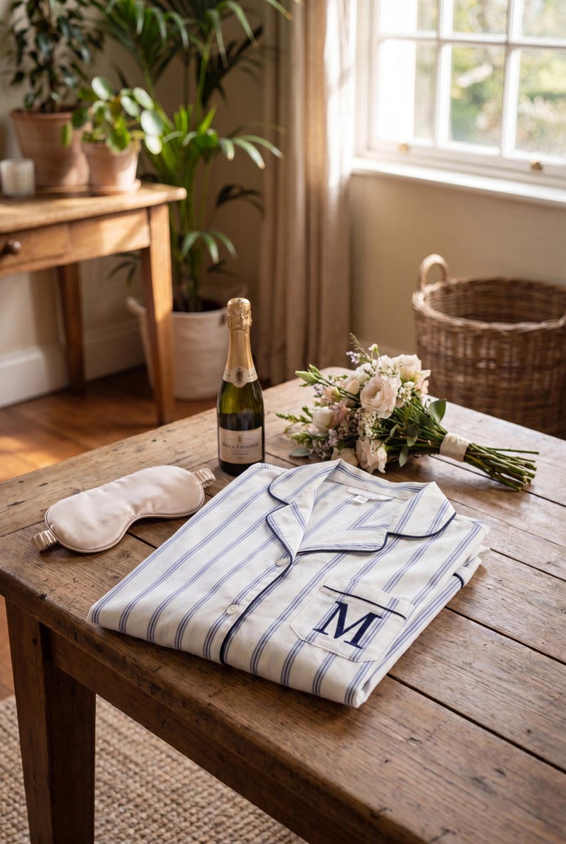 May include: A white pajama top with blue vertical stripes, a notched collar, and a dark blue embroidered letter M on the chest pocket. Beside it lies a solid light beige sleep mask, a bottle of champagne, and a small bouquet of light-colored flowers.