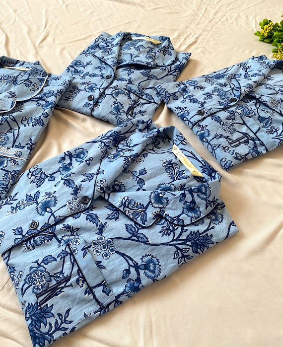 Floral Matching Bridesmaid Pajamas Shirt Short Pant Set for Bridal Party  and Getting Ready . Flower Girl Pj Set Available Too. Indigo Print. - Etsy