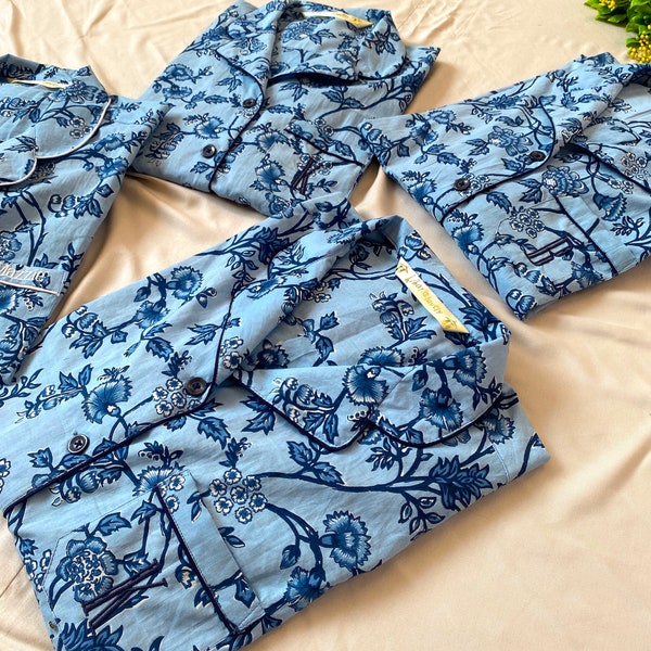 Floral Matching Bridesmaid Pajamas Shirt short pant set for bridal party and getting ready . Flower girl pj set available too. Indigo Print.