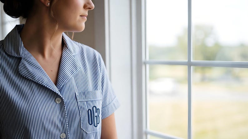 May include: A blue and white striped pajama shirt with a monogrammed pocket. The short-sleeved shirt has a classic collar and button-down front. The person is looking out a window.
