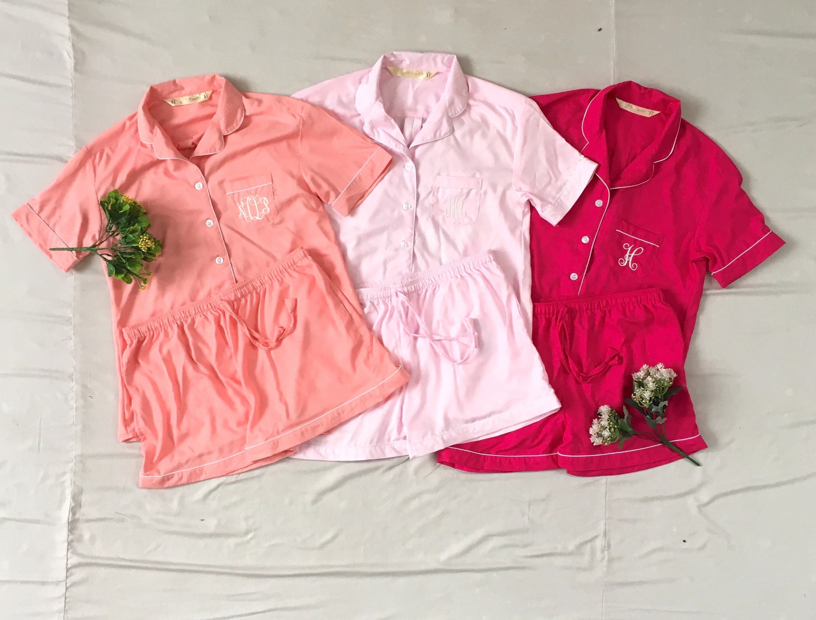 Pink New Shirt Short Long Pant Set Monogrammed Bridesmaid Pajamas. Very Soft and Light Pajamas. Plus Sizes also Available.