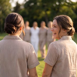 May include: Two people wearing short-sleeved, brown and white striped shirts, standing on a grassy lawn. Other people are in the background, out of focus. The person on the right is smiling. The background is blurred with trees.