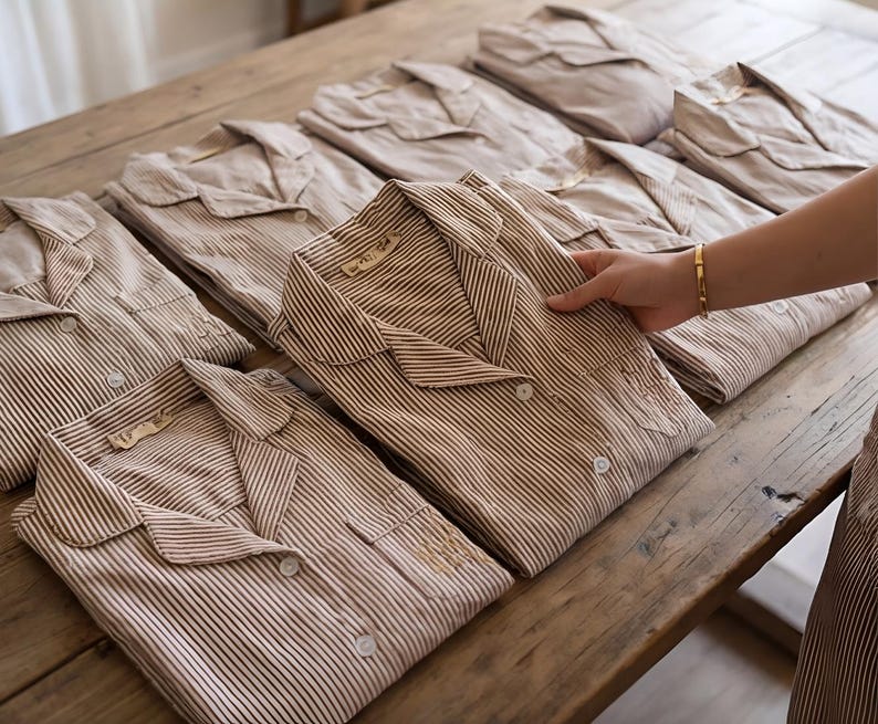 May include: Several beige and brown striped pajama sets are neatly arranged on a wooden surface. One set is being held by a person wearing a gold bracelet. The pajamas have a collared neckline and button-down front.