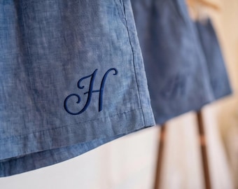 Bridal Pajamas Shorts Denim Blue | Bridal Party Pajamas Linen | Matching Bridesmaid Gift | Custom Monogram Shorts | Bride Squad Bachelorette