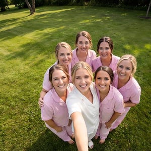 May include: A group of seven smiling people, mostly women, pose for a photo outdoors on a grassy lawn. Most are wearing matching light pink pajama sets. One person is wearing a white robe. The photo is taken from a high angle.