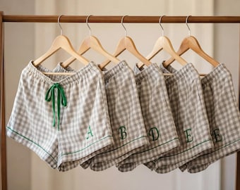 Bridesmaid Pajama Shorts Green Trim, Monogram Bachelorette Shorts, Matching Bridal Party Gift, Custom Plaid PJs