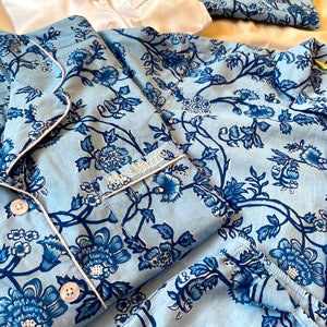 Floral Matching Cotton Pajamas Shirt short pant set for holidays or getting ready photoshoot. Daily use Pajamas. Indigo Print.