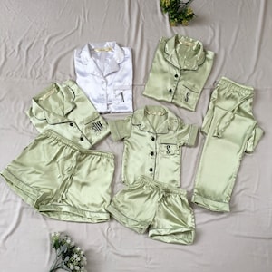Bridal party getting ready photoshoot Shirt short pant satin matching pajamas. Long sleeve and short sleeve pyjamas.