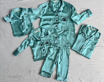 Green Satin Matching Bridesmaid Pajamas Shirt short pant set for bridal party and getting ready . Flower girl pj set available too.