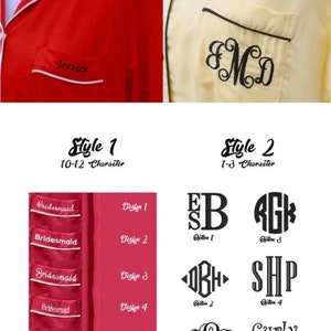 May include: Image showcasing pocket embroidery styles. Examples include a red shirt pocket with "Jessica" embroidered in white, and a cream-colored pocket with monogrammed initials. Additional options for monograms and text are displayed.